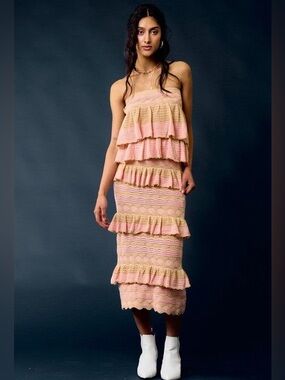 La Lavon Pink and Tan Ruffle Midi Skirt and Ruffle Tube Top